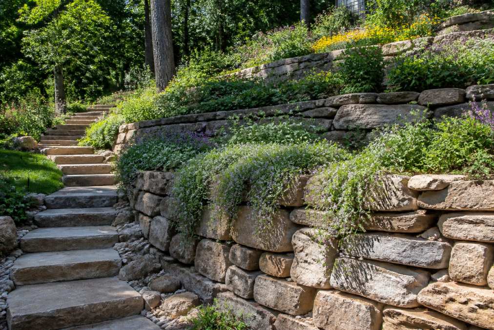 A tiered natural stone retaining wall built into a sloped backyard, with perennial plantings cascading over the edges and a stone step path running alongside it