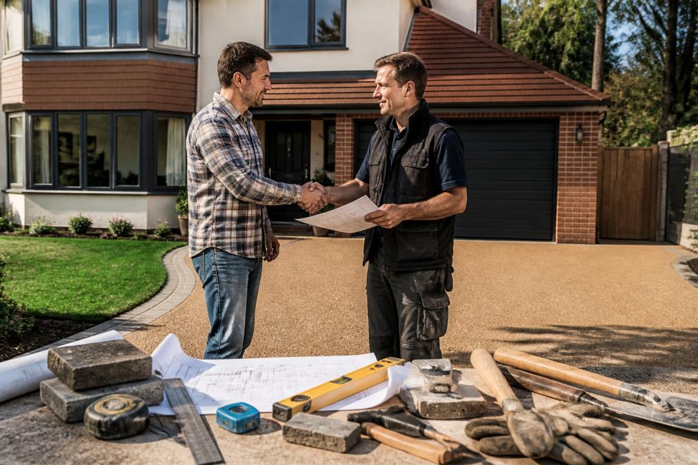 A homeowner and a landscaping contractor in work clothes standing on a driveway, reviewing plans together and shaking hands in front of a house