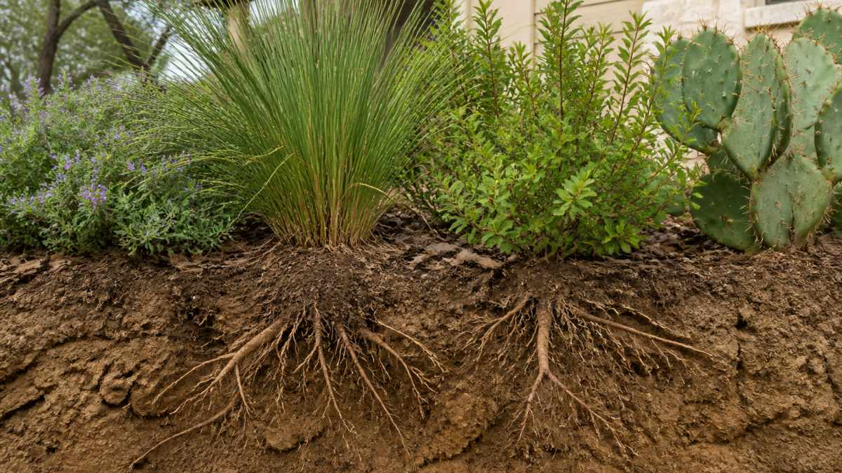 Close-up of native Texas plants with deep root systems visible in clay soil garden bed, showing healthy green foliage and established growth in a residential landscape