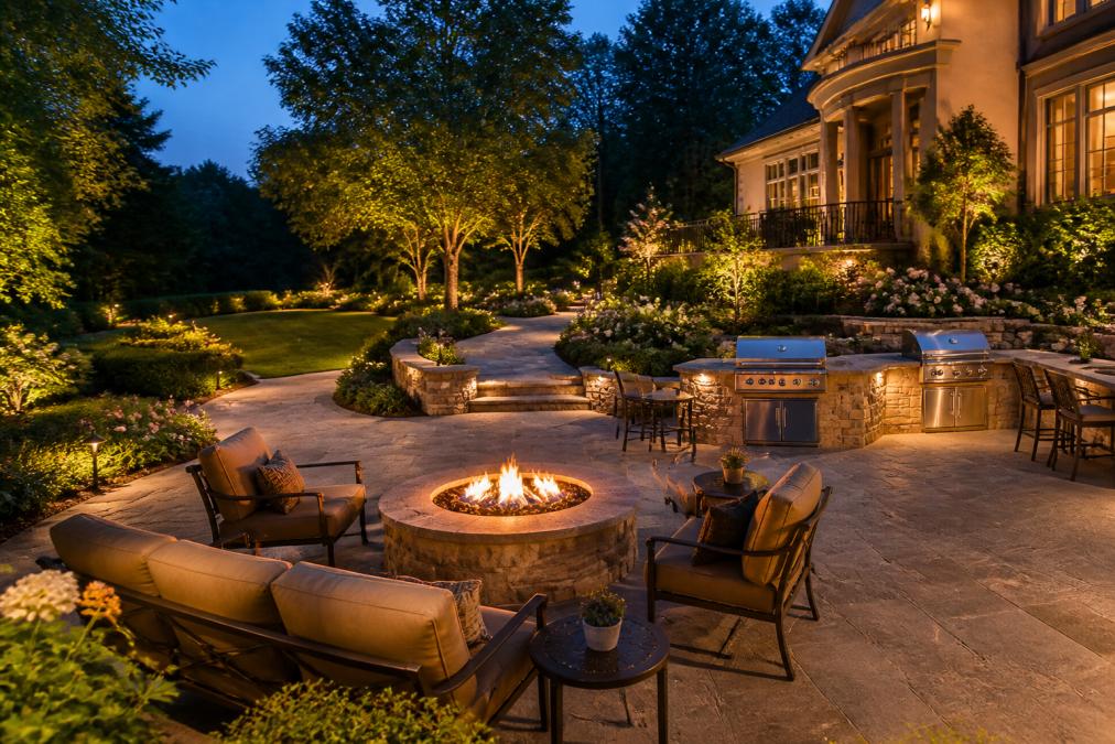 Luxurious backyard patio with an outdoor kitchen and fire pit that enhances luxury property value at dusk