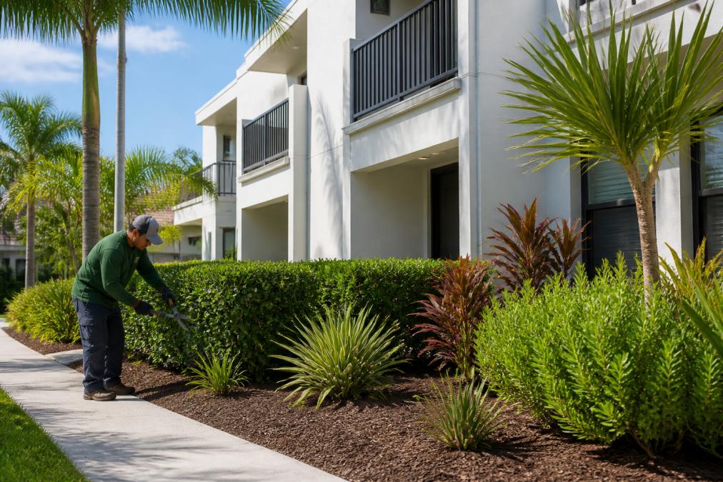 A landscaper trimming shrubs in front of a well-maintained Miami rental duplex with native, drought-tolerant plants and clean mulch beds under bright afternoon sun