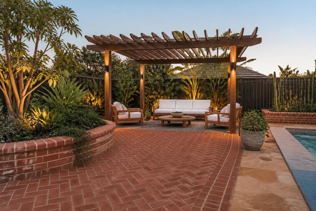 Finished backyard featuring clay brick paving in herringbone pattern, outdoor seating area with timber pergola, and manicured garden beds with native plantings