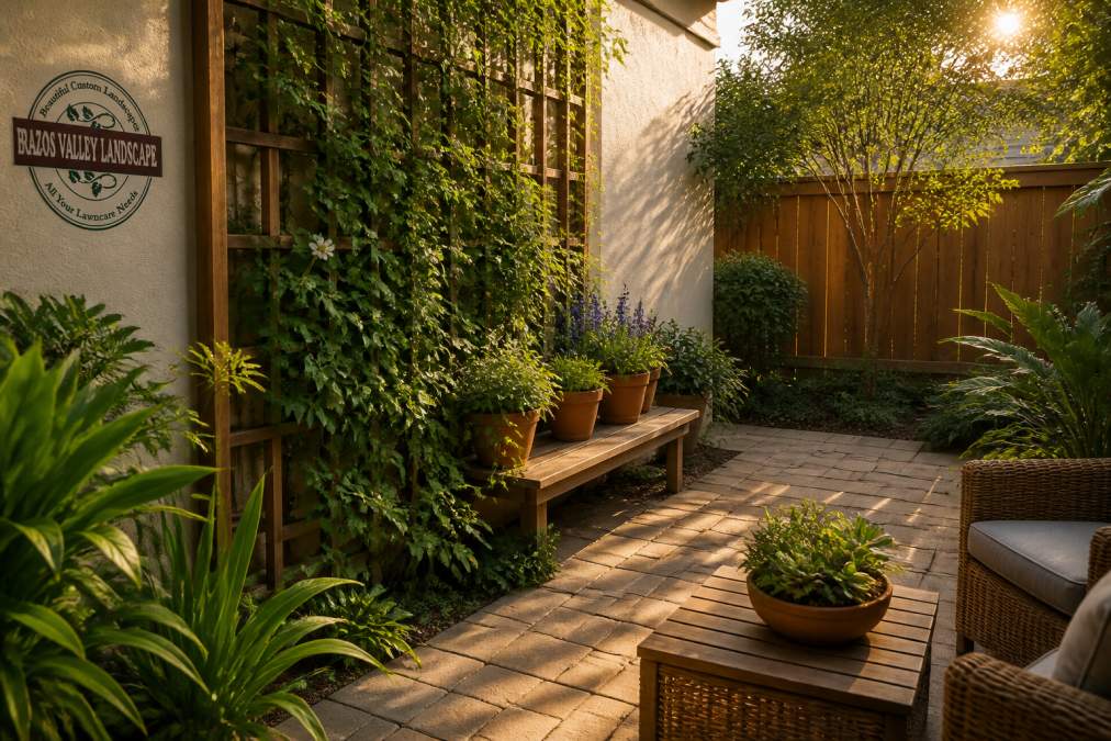 A small backyard with a vertical garden climbing a wooden trellis, terracotta potted plants along a low bench, and warm late-afternoon sunlight falling across a compact patio