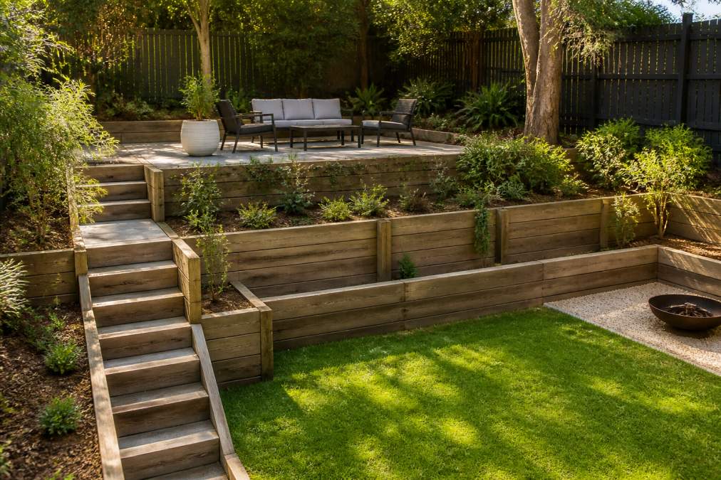 A landscaped steep backyard in the Hills District featuring multiple levels of timber retaining walls, a flat lawn area, and a paved patio with outdoor furniture on the upper terrace, photographed in warm afternoon light