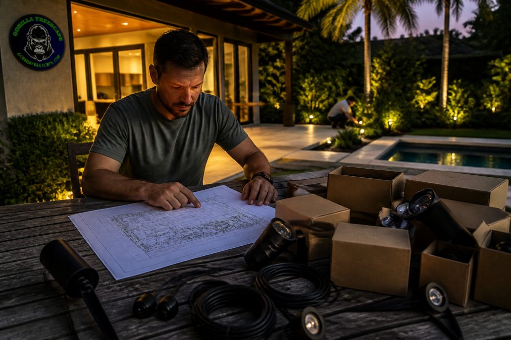 Homeowner reviewing landscape lighting plans and fixture boxes spread across a patio table at dusk, warm ambient light from the house behind