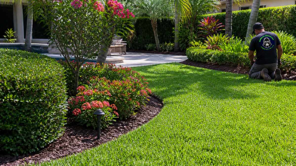 Well-maintained residential backyard with lush green St. Augustine grass, neatly trimmed hedges, flowering shrubs with colorful blooms, and decorative mulch beds under dappled afternoon sunlight