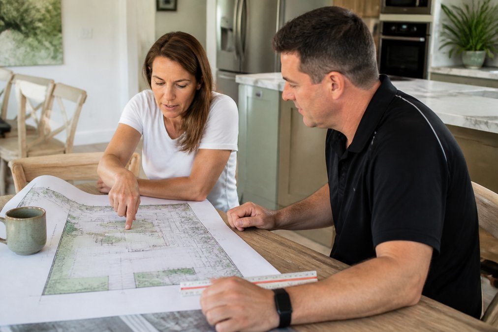 Designer and homeowner reviewing 3D landscaping Penrith garden plans on a screen with printed site layouts
