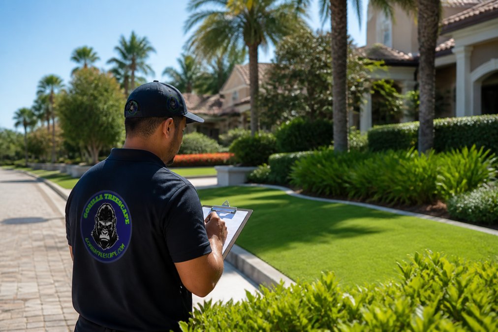 A landscaping crew member in a polo shirt inspecting a neatly edged community lawn with palm trees and shrubs in a residential neighborhood, clipboard in hand