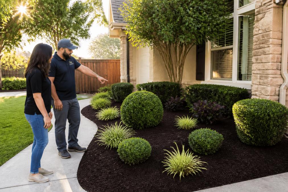 Homeowner and expert discussing landscaping services in a freshly mulched garden with trimmed shrubs