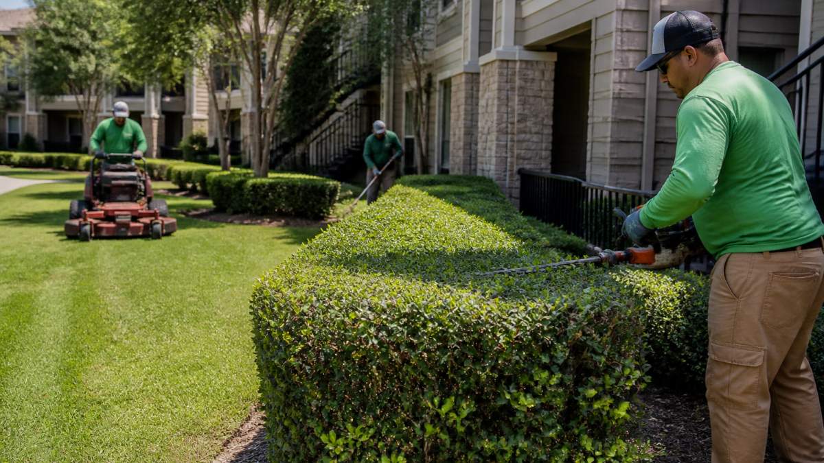Professional landscaping crew performing lawn maintenance at a residential rental property, with workers trimming hedges and operating equipment on well-maintained green space