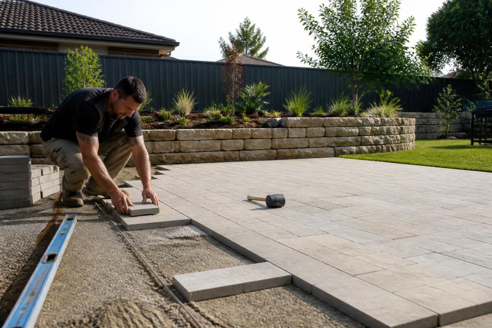 Professional landscaper installing paving stones in a residential backyard with completed retaining wall and garden beds visible, natural daylight illuminating the finished entertaining space