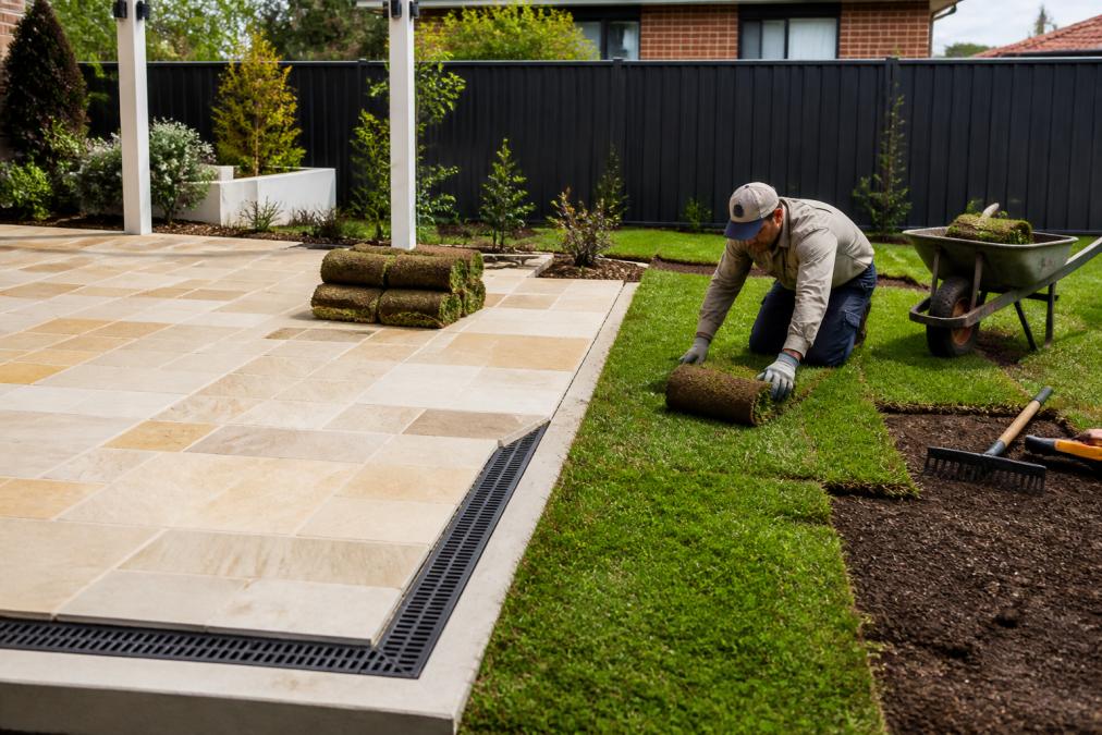 Landscaper laying fresh turf next to a sandstone patio for landscaping western sydney projects