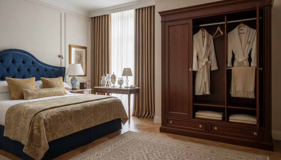Elegantes Hotelzimmer mit hochwertigen Luxusmöbeln, Details von sorgfältig verarbeiteten Massivholzschränken und feiner Oberflächenveredelung, warme Beleuchtung