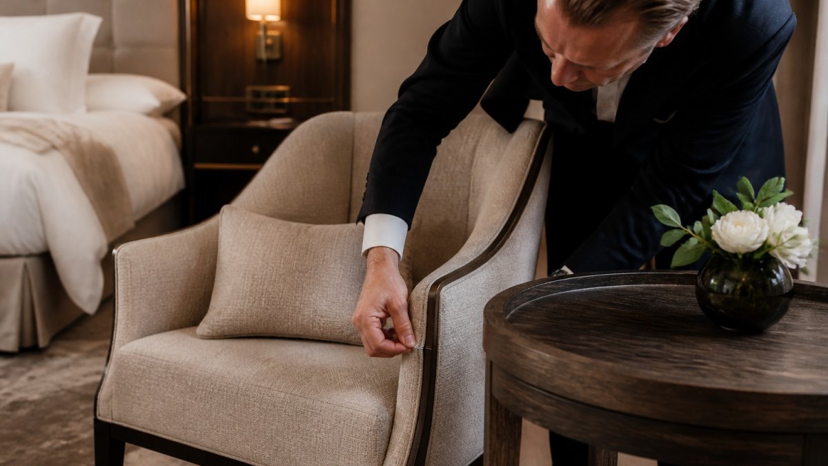 Infografik zur Qualitätsprüfung: Hotelmanager kontrolliert die Verarbeitung für langlebige Hotelmöbel.