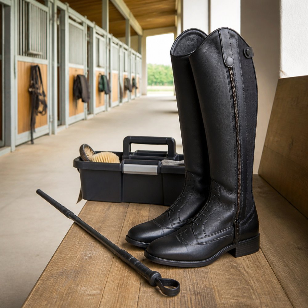 Schwarze Lederreitstiefel mit Reißverschluss auf einer Holzbank neben einer Reitgerte im hellen Stallflur