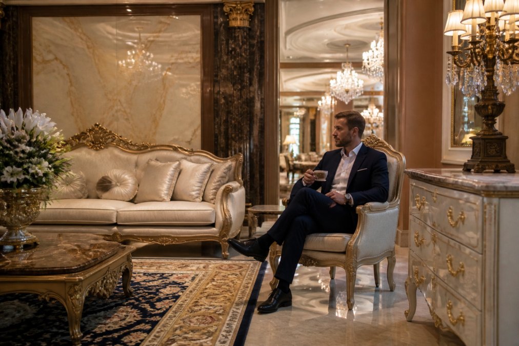 Elegantes Luxushotel-Wohnzimmer mit barockem Sofa von Casa Padrino in Creme und Gold, Marmor-Kommode mit Bronze-Griffen, warme Beleuchtung durch Kristall-Kronleuchter, Gast sitzt komfortabel in einem Casa Padrino Sessel und genießt die Atmosphäre