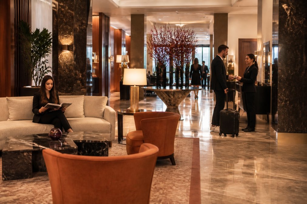 Moderne Hotellobby mit mehreren strapazierfähigen Luxusmöbeln von Casa Padrino in harmonischer Anordnung, Gäste interagieren mit der Einrichtung, hochwertige Materialien wie Marmor und Massivholz sichtbar, warme Beleuchtung schafft einladende Atmosphäre