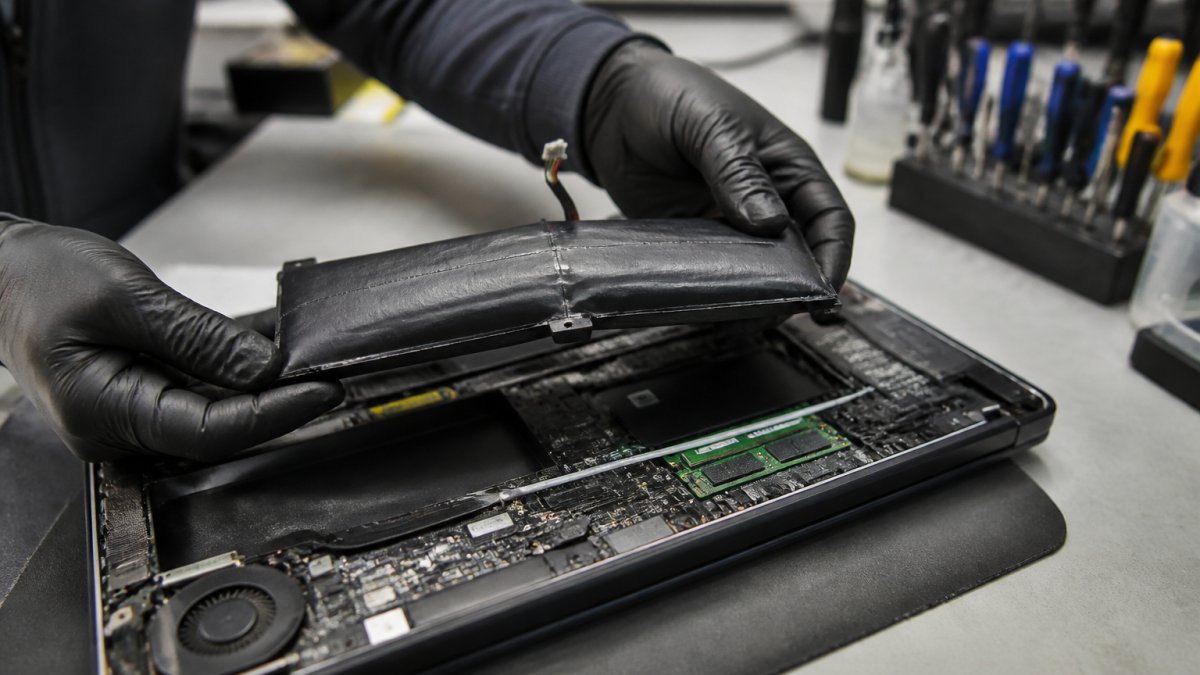 A repair technician in an ESD-safe workstation carefully lifting a swollen laptop battery out of an opened laptop chassis with gloved hands, showing the bulging battery pack clearly