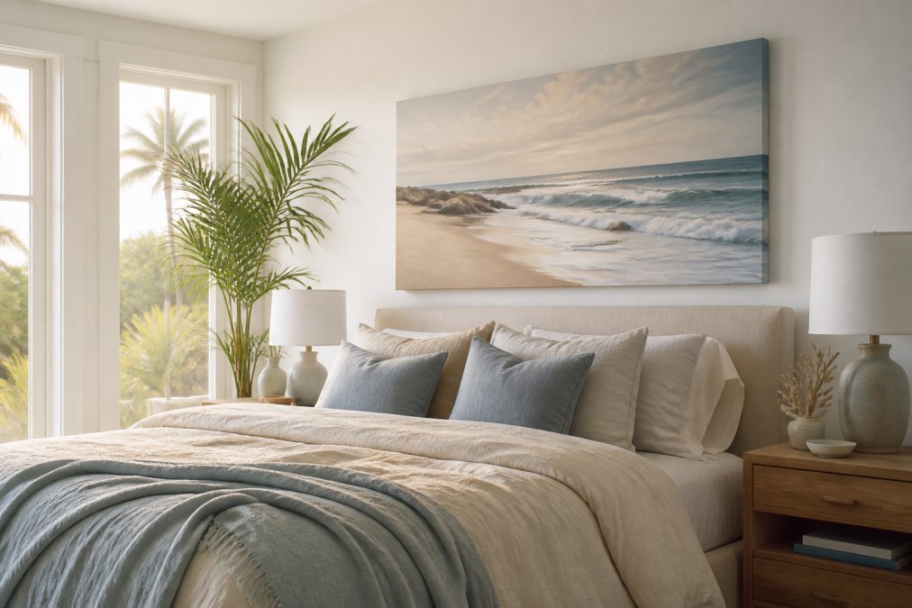 Serene bedroom with large coastal canvas print above bed in warm cream and soft blue tones, natural light from windows, textured linen bedding, wooden nightstand with coastal accents