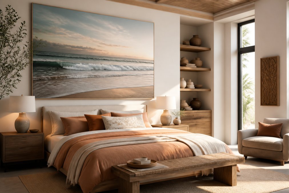 Modern bedroom featuring oversized ocean canvas print as focal point, warm neutral colour palette with cream and soft terracotta tones, textured wall art, minimalist furnishings with natural wood elements and soft lighting