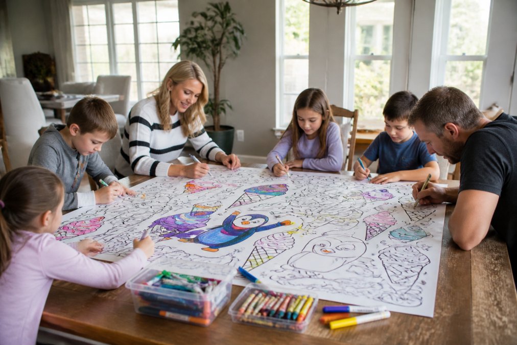 A group of children and adults gathered around a large coloring poster spread on a wide wooden table, each person coloring a different section with markers and crayons in a bright, warmly lit dining room