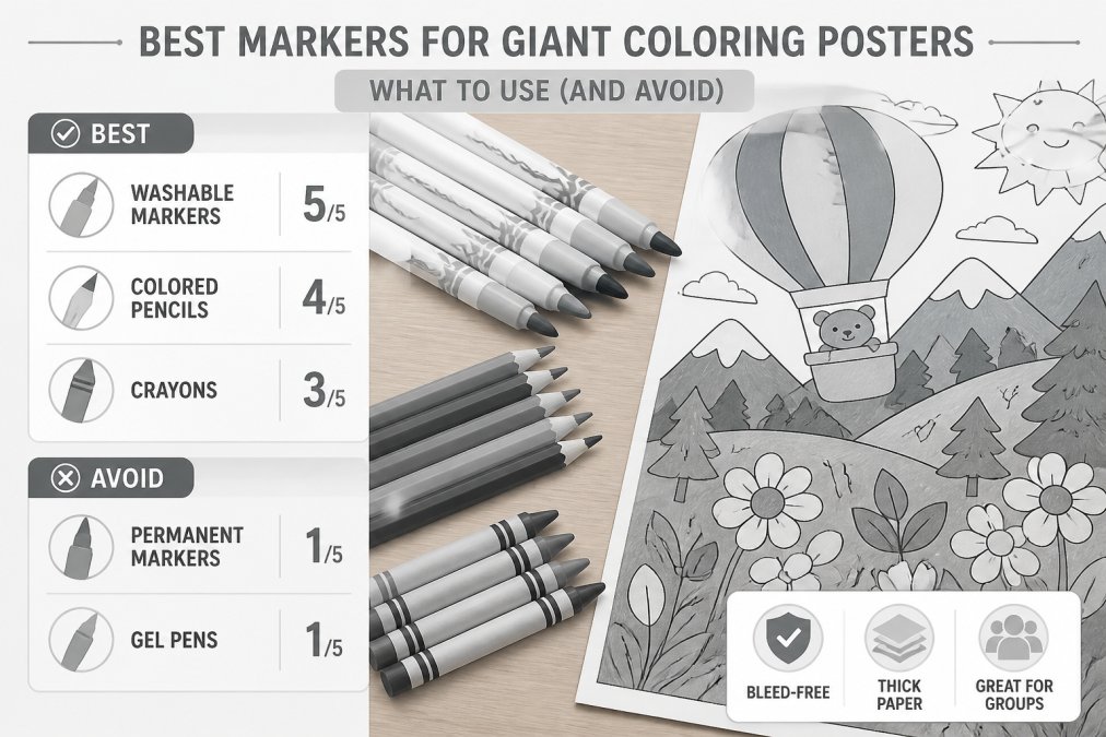 Close-up of a variety of washable markers, colored pencils, and crayons arranged beside a section of a large coloring poster showing vibrant, bleed-free color fills on thick white paper, photographed on a wooden table in natural light