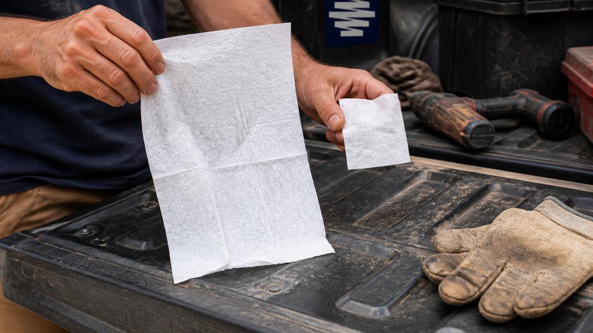 Close-up of a man's hands holding an oversized body wipe next to a standard baby wipe for size comparison, resting on the tailgate of a pickup truck with tools and a dusty work glove nearby