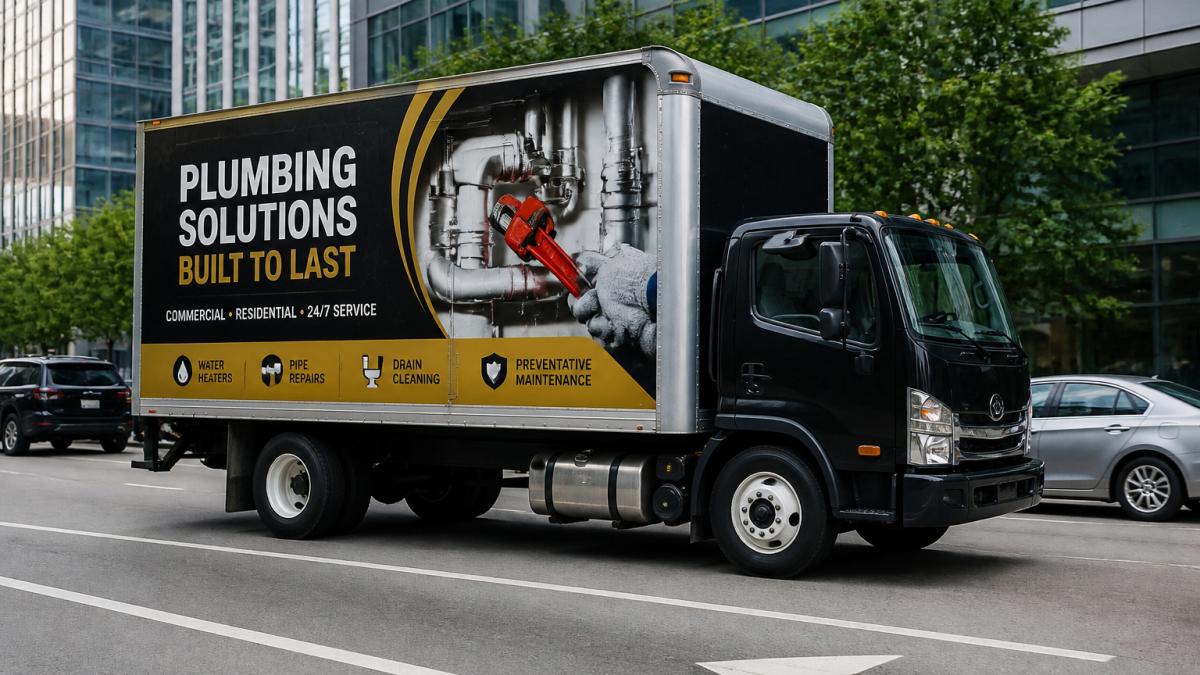 A branded commercial delivery truck with full-color wrap design featuring company logo and contact information driving on a busy urban street during daytime, showing clear visibility and professional appearance in real-world conditions