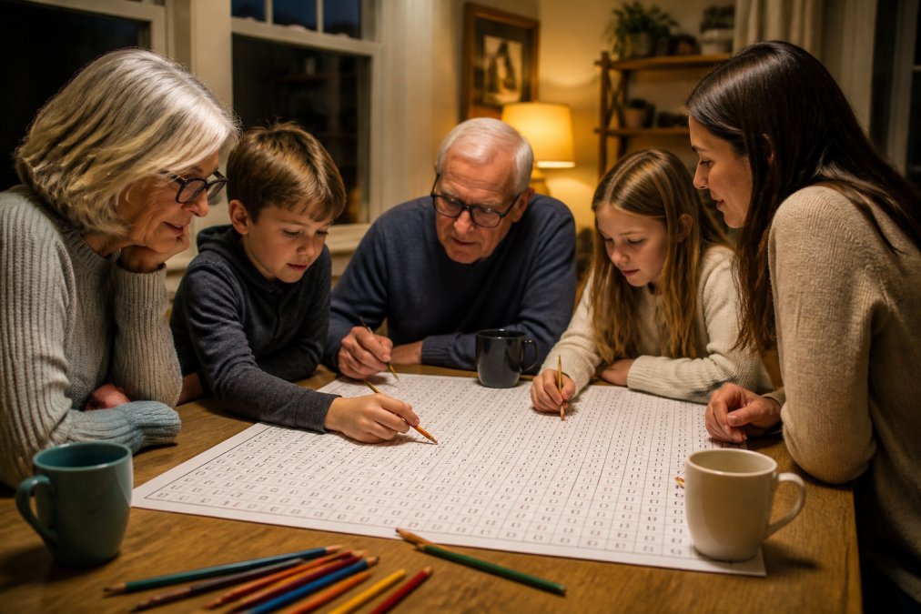 A multi-generational family seated around a large dining table working on a giant word search puzzle together, grandparents and children leaning in, warm evening lamplight, coffee mugs and colored pencils scattered across the table