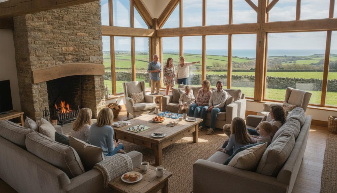 A spacious, beautifully converted barn interior with comfortable seating arranged around a log burner, warm ambient lighting, countryside views through large windows, and a multi-generational family group relaxing together