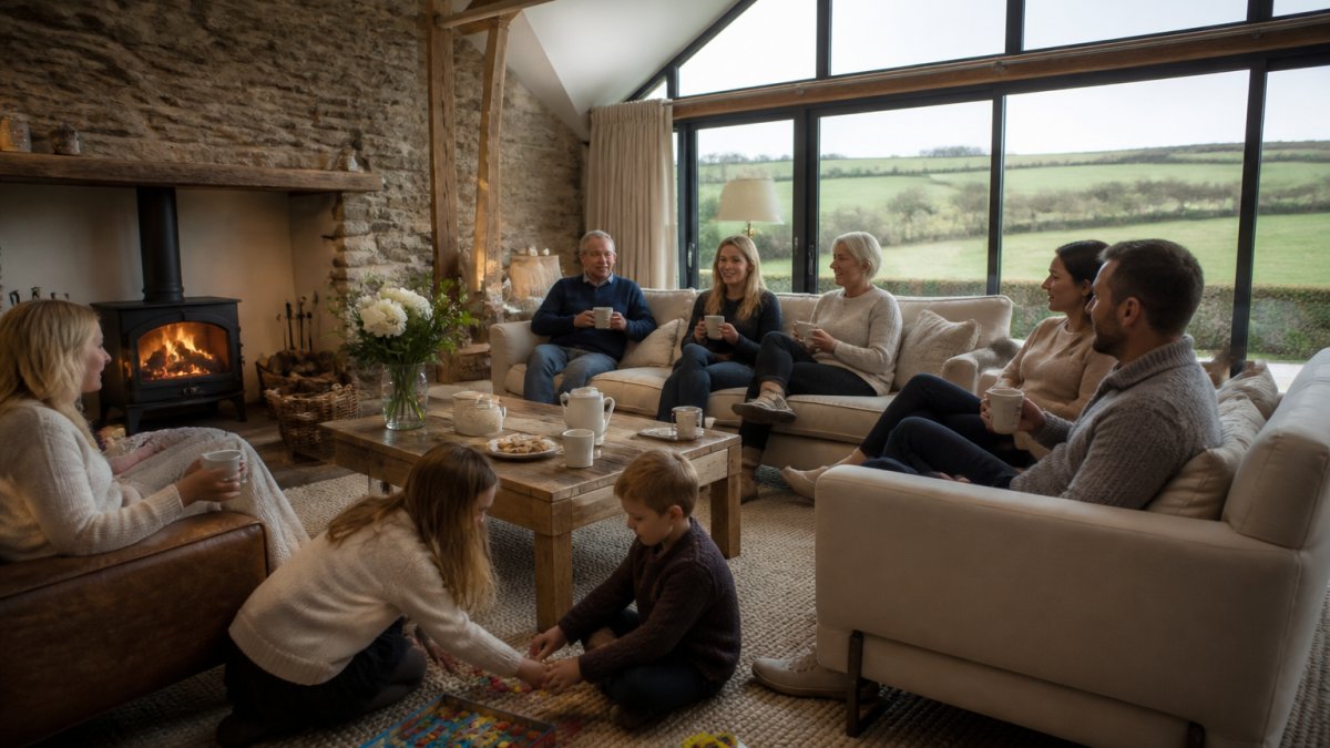 A multi-generational family relaxing together in the bright, spacious living area of a converted stone barn, with a log burner lit and countryside views through large windows, children playing on the rug and adults chatting over tea