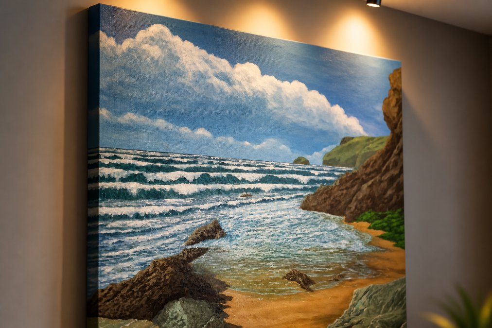 Close-up of a coastal landscape canvas print with warm accent lighting positioned above, highlighting texture and colour depth of the canvas surface and the water-based ink details