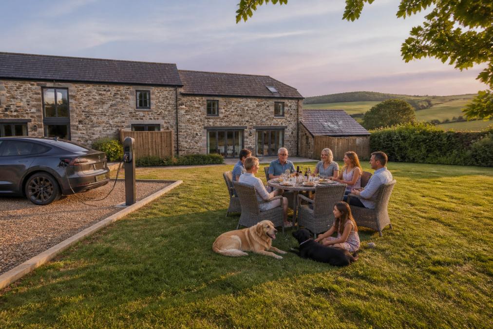 A multi-generational family group with two dogs relaxing in the enclosed garden of a converted stone barn in rural Devon, countryside views beyond, an electric car charging on the driveway in soft evening light