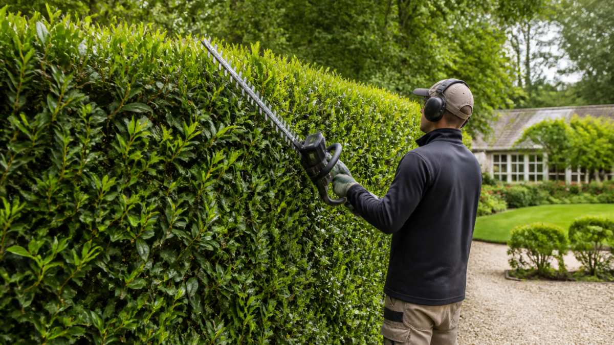Professional contractor using battery-powered hedge trimming equipment on large overgrown hedge in residential garden setting with natural lighting