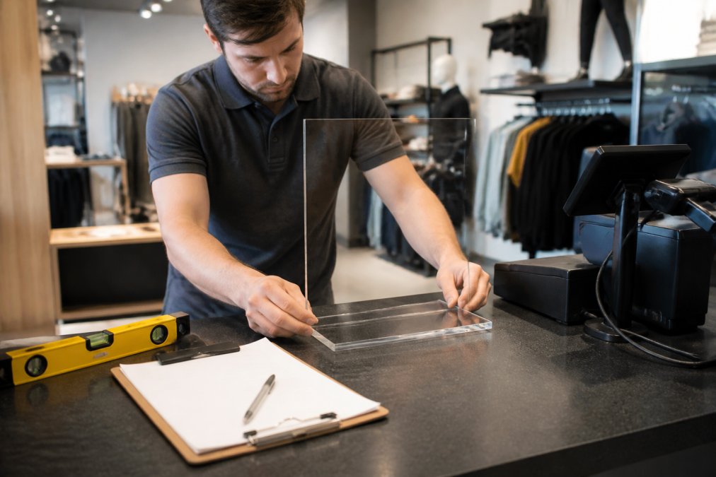 A retail installation team carefully positioning a clear acrylic POS display on a shop counter, with a clipboard and level nearby, in a bright store environment