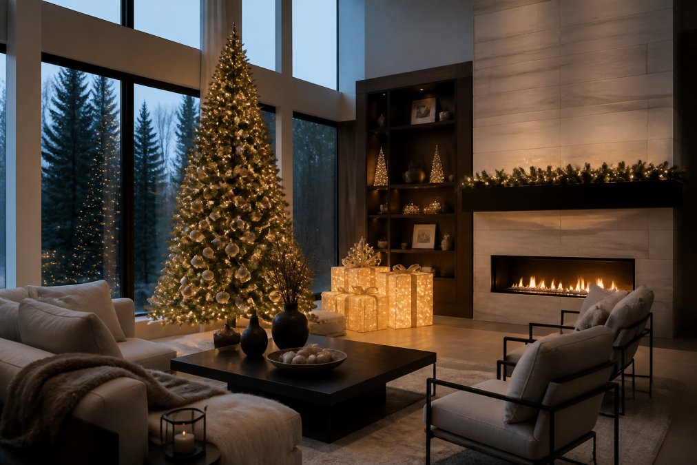 Modern living room with floor-to-ceiling windows, a 5-foot illuminated Christmas tree positioned as a focal point, complemented by oversized glowing gift boxes and warm string lights creating dimensional layers, all arranged with intentional spacing and clean architectural lines