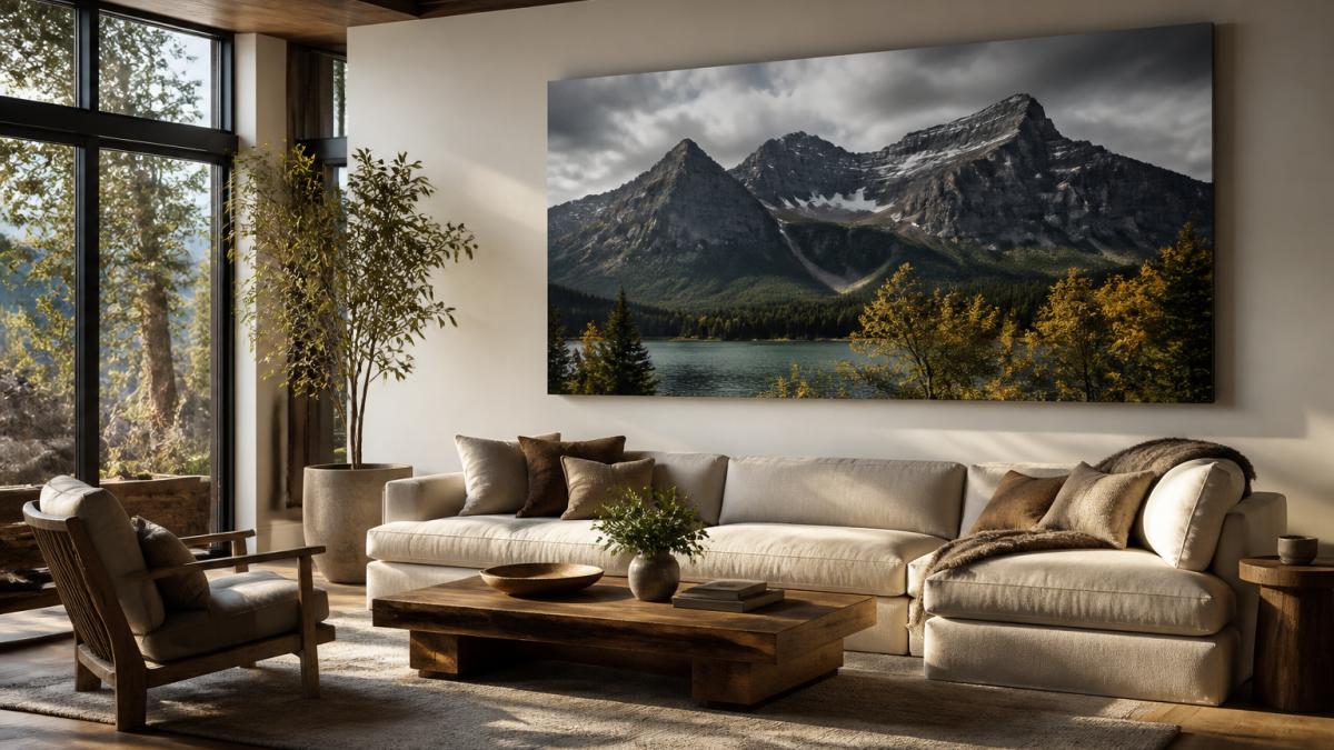 Modern living room with a large panoramic landscape photograph of mountains displayed above a neutral sofa, natural light streaming through windows, warm wood flooring and neutral furnishings complementing the artwork