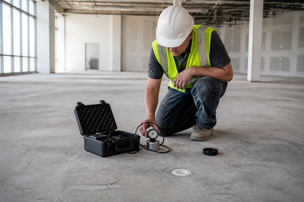 Professional installer performing moisture testing on concrete subfloor in large commercial space, using specialized equipment to measure vapor emission rates and assess moisture conditions