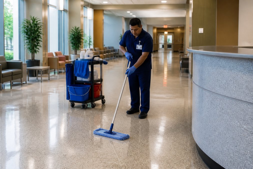 Facility maintenance team cleaning a polished terrazzo floor in a high-traffic hospital lobby using proper damp-mopping technique with pH-neutral cleaner, soft microfiber pads, and appropriate equipment