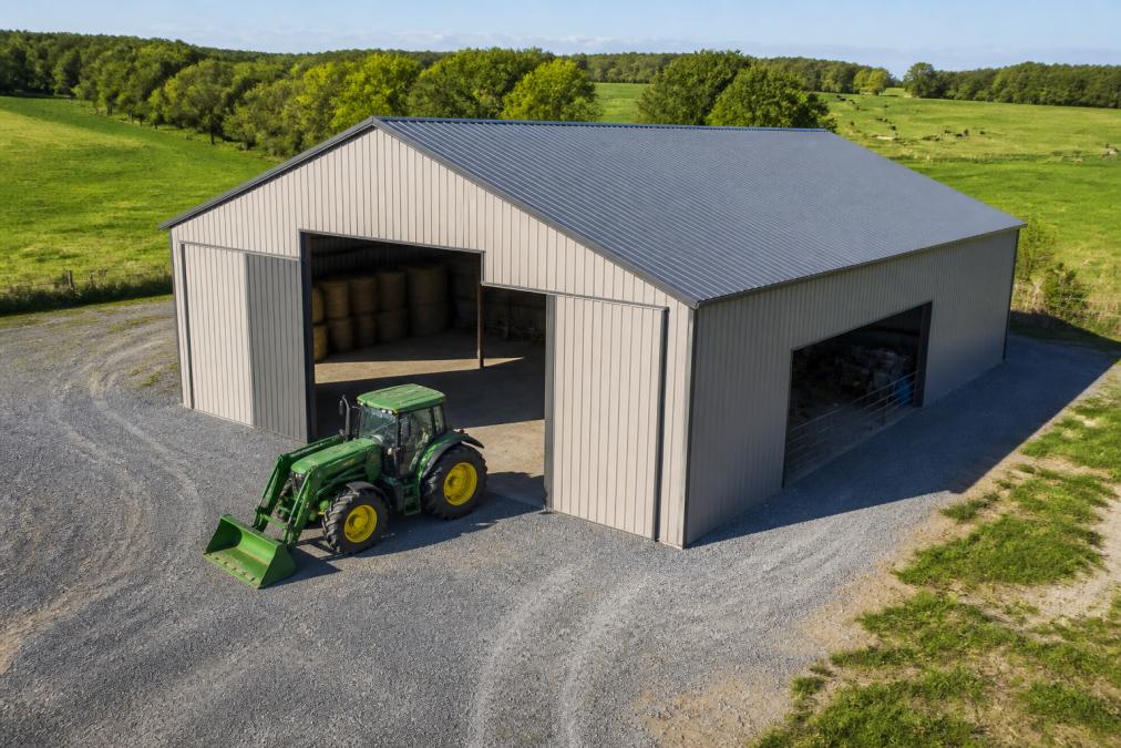 Aerial view of a metal building for agriculture with a tractor parked on gravel in a green pasture