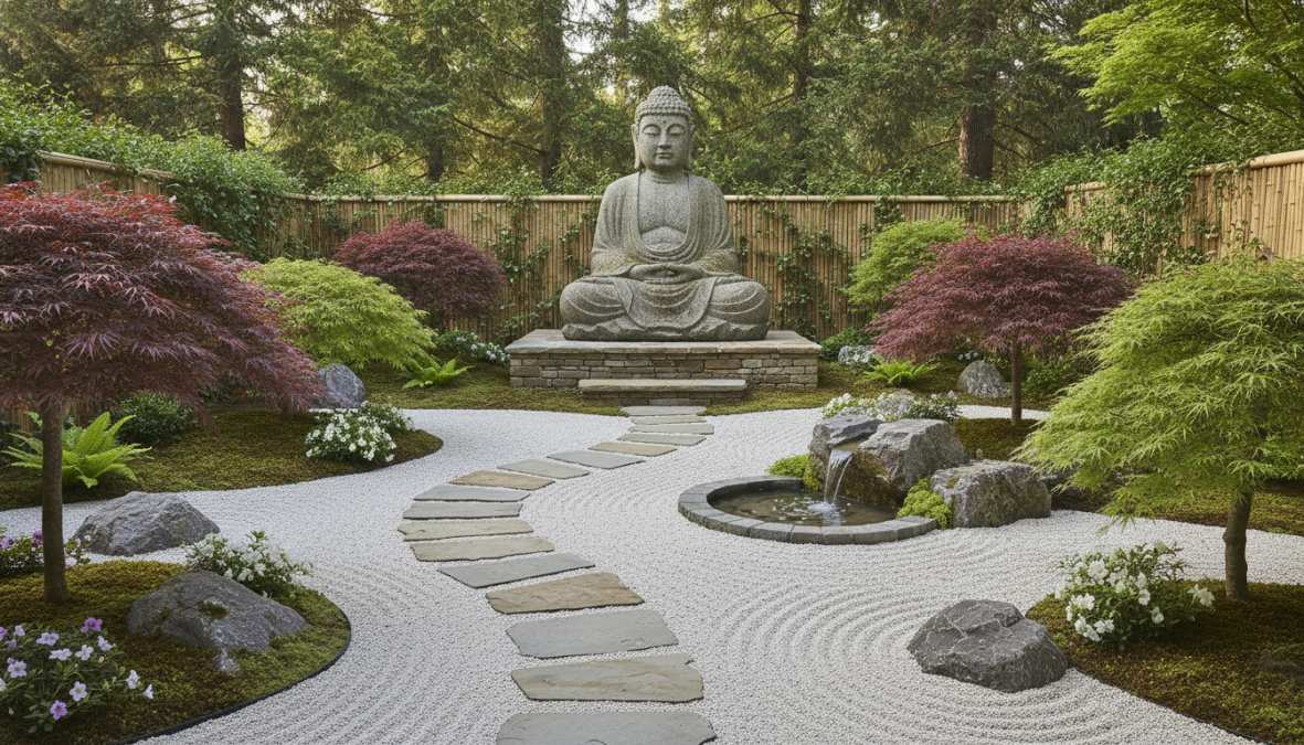 A serene zen garden with a large hand-carved stone Buddha statue as the focal point, surrounded by carefully raked gravel in concentric patterns, lush green moss-covered rocks, and carefully pruned Japanese maple trees casting dappled shadows