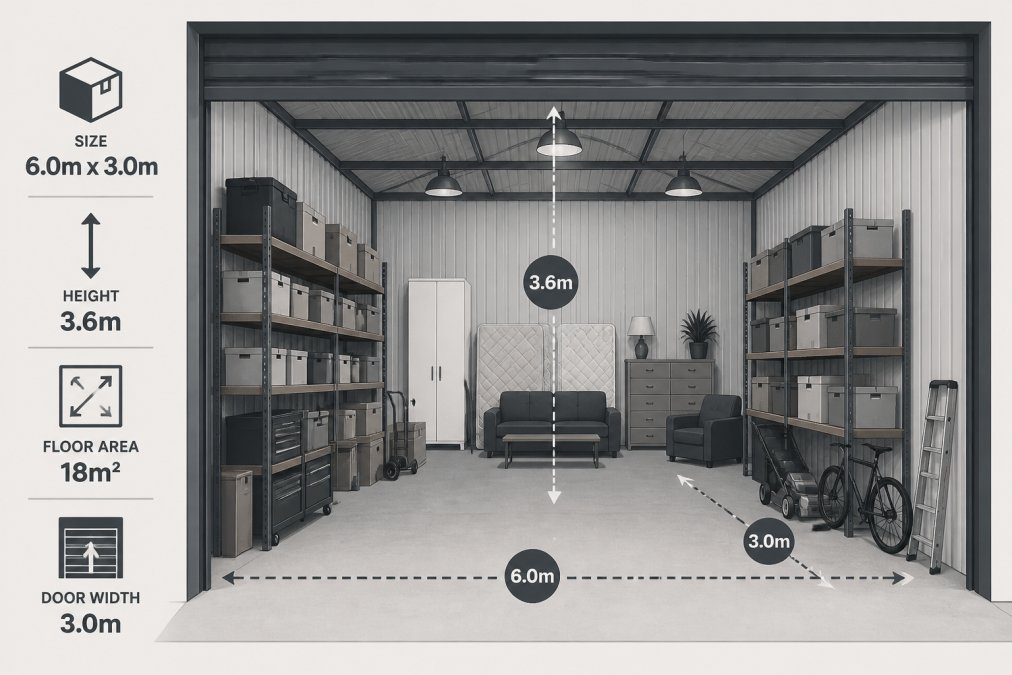 Interior view of a spacious large storage unit with high ceilings, showing furniture stacked neatly against walls, boxes organised on metal shelving units, and clear pathways for vehicle or equipment access