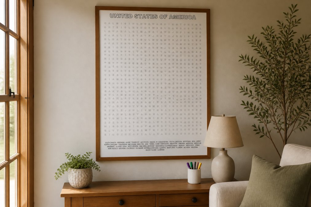 A large word search poster mounted on a living room wall in a wooden frame with glass, displayed as functional wall art above a side table with markers in a holder