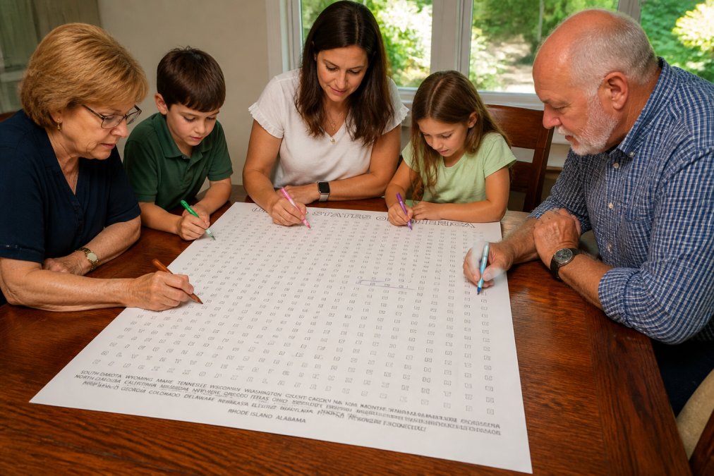 A multi-generational family, grandparent, parent, and two children, gathered around a large word search poster spread across a dining table, each holding different colored markers, concentrating on different sections of the puzzle