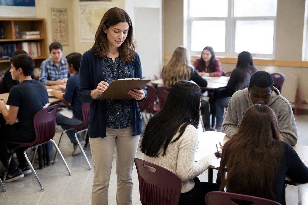A new teacher standing at the front of a bright classroom, reviewing a lesson plan on a clipboard while diverse students work in small groups at their desks