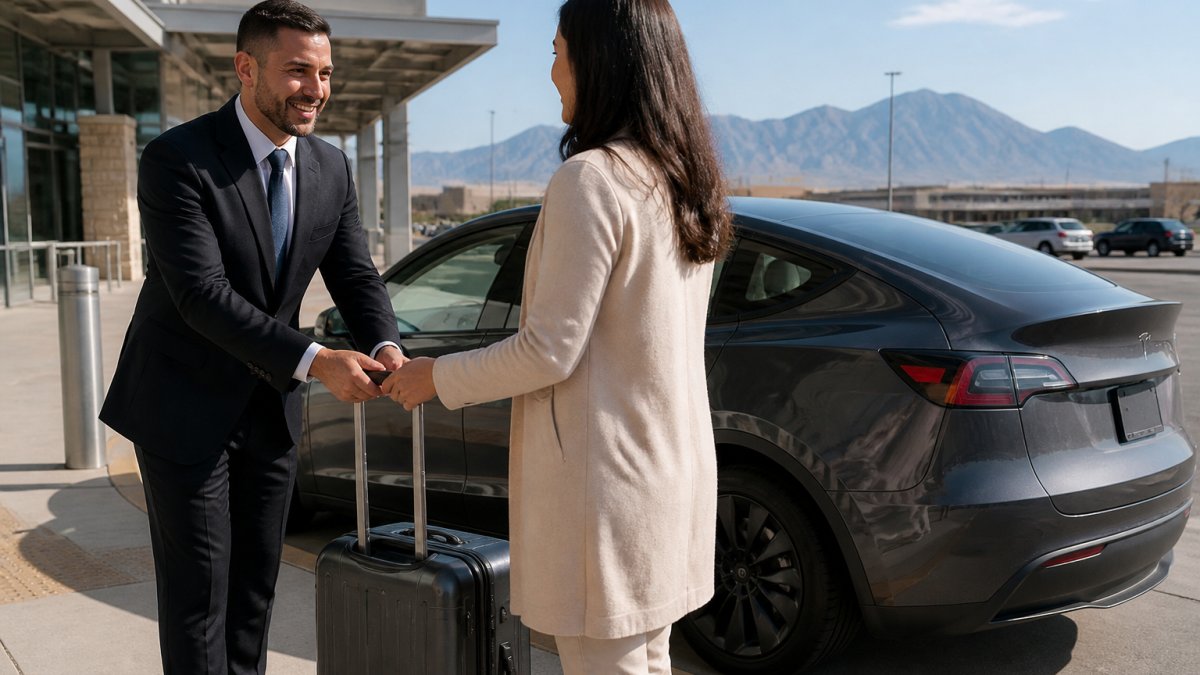 Professional driver in business attire assisting passenger with luggage at airport terminal curb, sedan parked in background with airport terminal visible