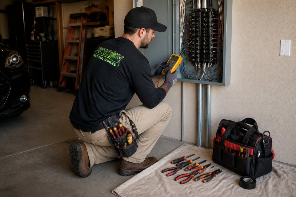 Electrician using a multimeter on a residential panel to determine electrical repair pricing factors.