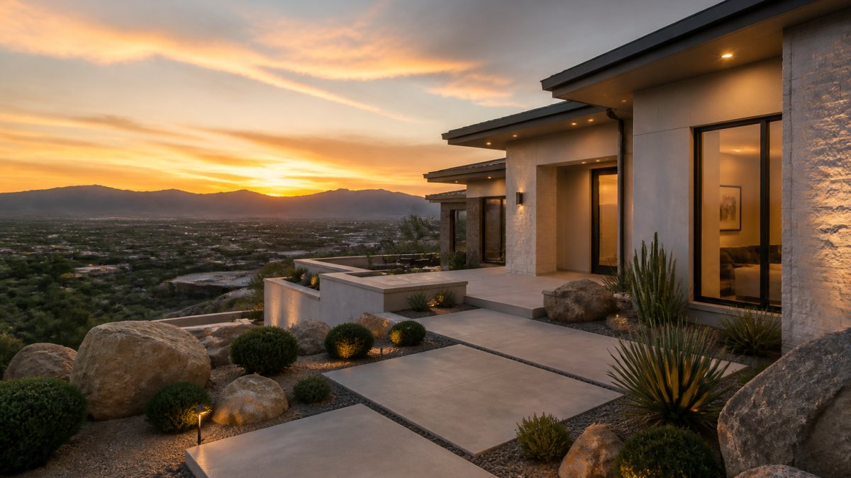 Modern luxury home exterior at sunset with manicured landscaping, contemporary architecture, and distant mountain views showcasing high-end residential design
