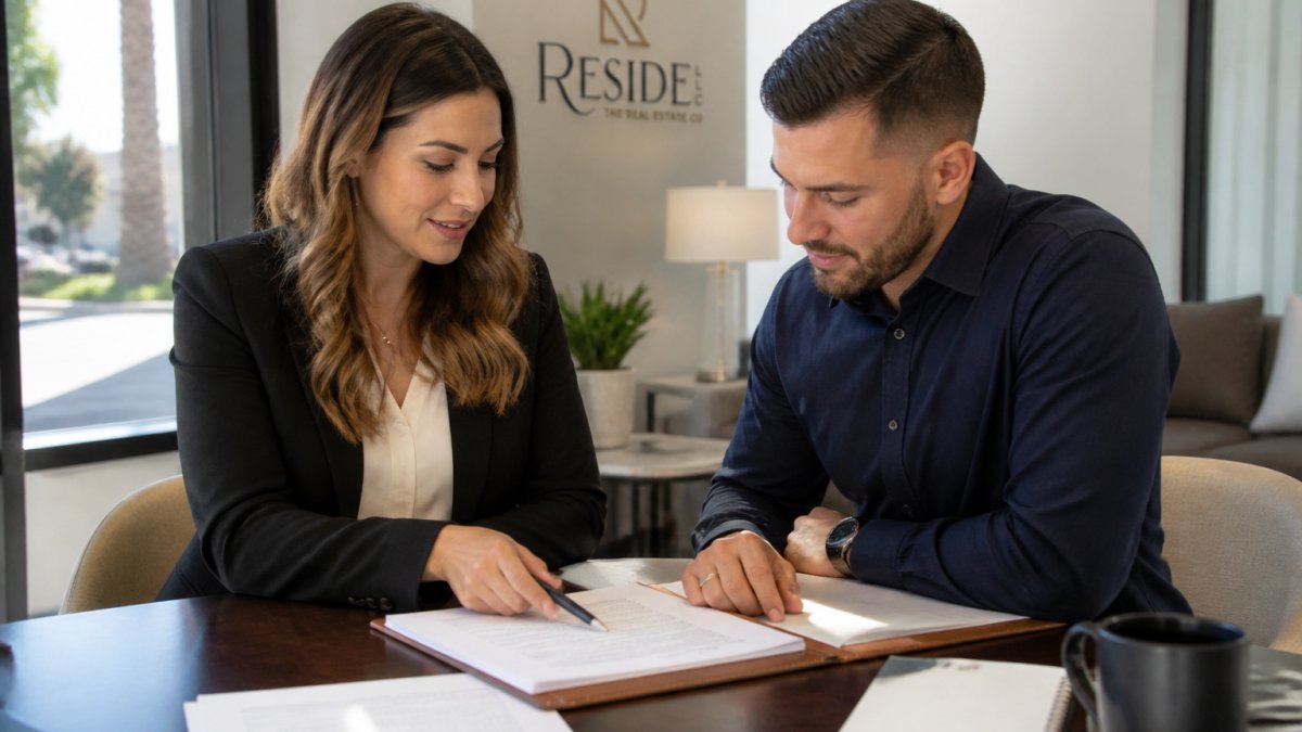 Real estate agent and buyer reviewing an offer document together at a desk with paperwork, pen, and coffee in a professional office setting with natural light from windows