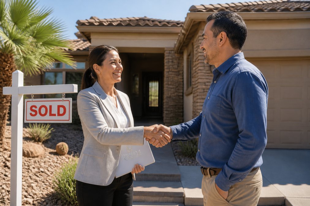 Real estate agent and homeowner shaking hands in front of a Las Vegas home with a "Sold" listing sign, bright desert sunlight casting shadows across the property